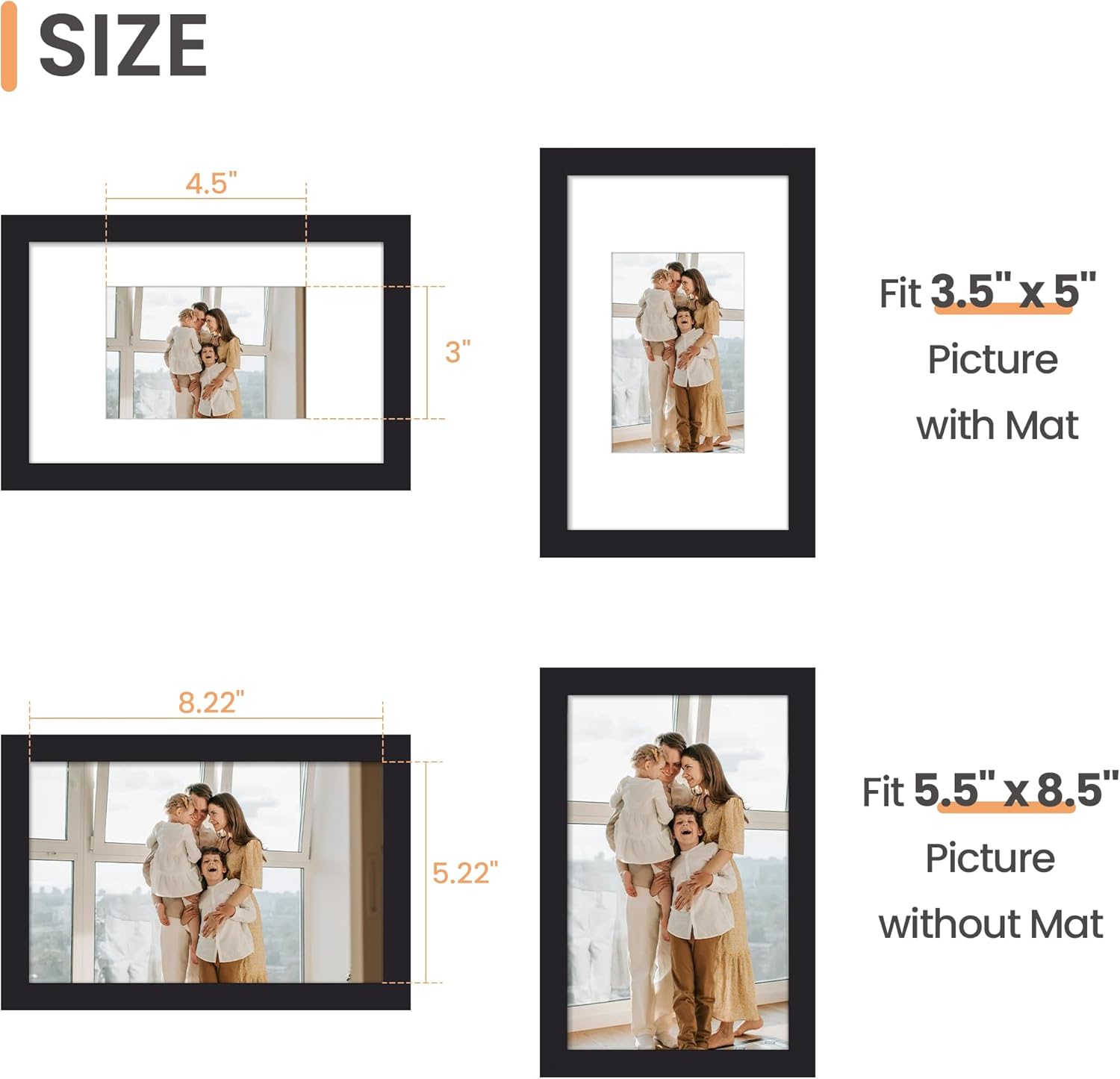Upsimples Picture Frame - 5.5x8.5 Wall Hanging Frame with Mat for 3.5x5 Photos - Black, 1 Pack