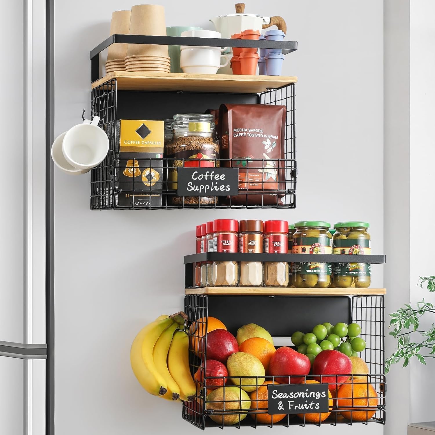 WIDER SHELF Magnetic Spice Rack - XXL Large Fridge Shelf Basket with Bamboo Top & Tag | Kitchen Organizer