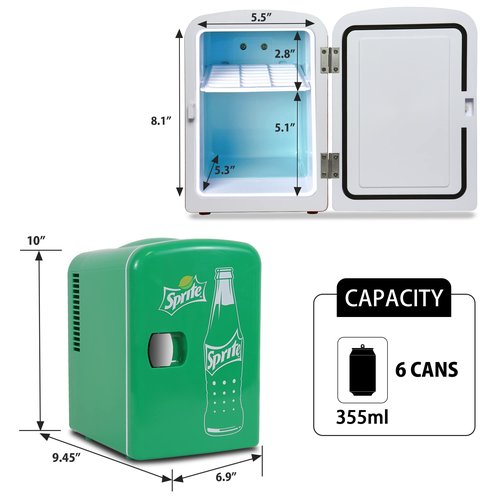 Sprite Mini Fridge - 6 Can Refrigerator for Bedroom Office, Portable Table Top Beverage Cooler, 12V 110V Refrigerador For Drinks, Soda, Wines, Use In Car, Dorm, Outdoor, Patio