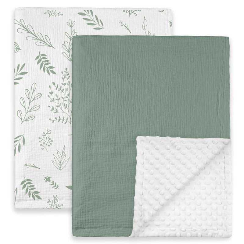 GLLQUEN BABY Blankets for Unisex Boys Girls, 2-Pack Muslin Cotton Front Soft and Breathable, and Dotted Fleece Backing, Nursery Minky Blankets for Toddler Newborn, Green Leaves,30 x 40 inches
