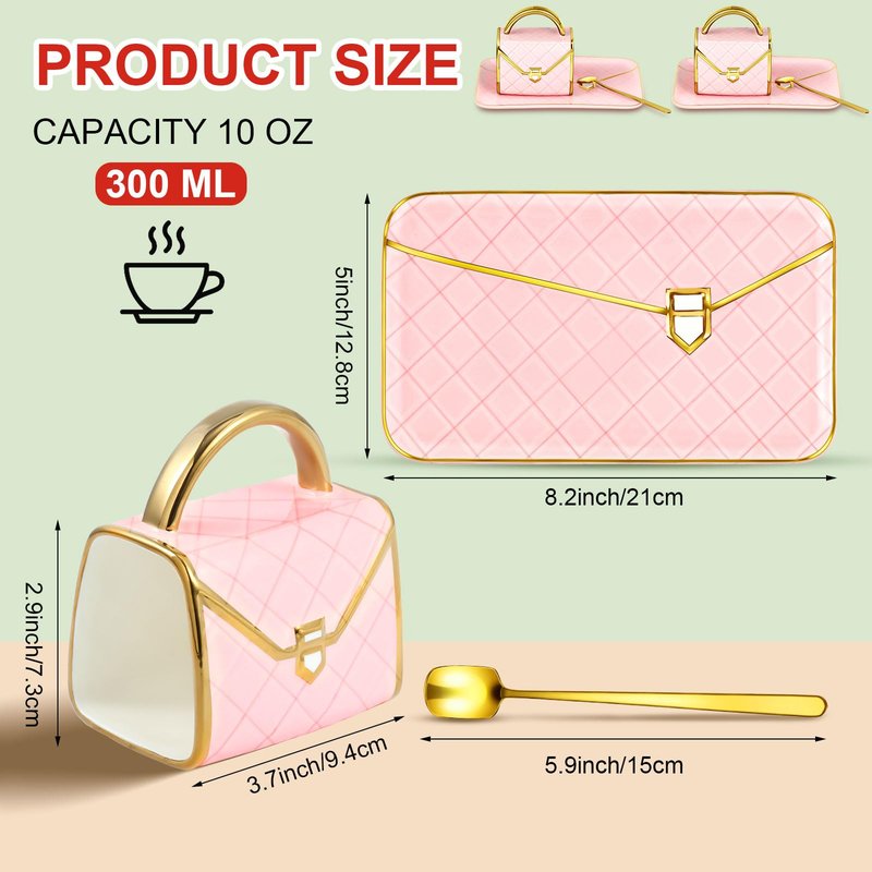 Zubebe 2 Sets Coffee Mug Elegant Handbag Shaped Cup Mother's Day Modern Ceramic Purse Mug with Spoon and Saucer, 10oz Cute Creative Tea Cup for Woman Girls Gift (Pink)