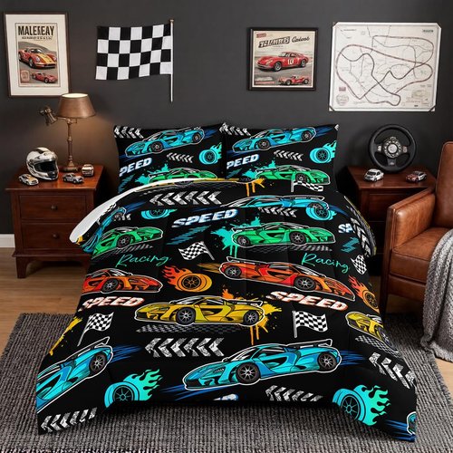 Hosima Child's Cartoon Sports Car 3Piece Set with 2 Pillowcases, Racing Car Bedding for Boys and Girls, Fast and Furious Extreme Sport Games Comforter, Black Comforter Full Size
