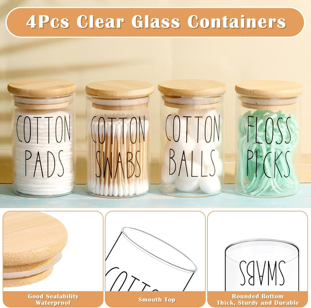 ROADPLUM Qtip Holder Bathroom Set - 4 Pack Glass Jars with Lids for Cotton Balls & Makeup Storage