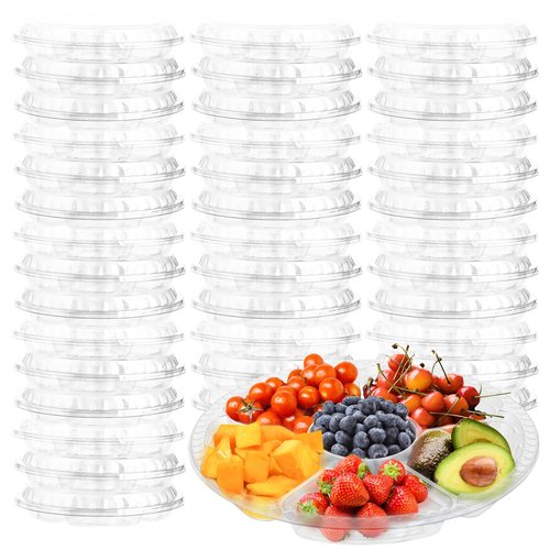 30 Pack Fruit Trays for Serving for Party, 6 Divided Compartment Disposable Party Platters for Vegetable Fruit Snack Nut, Plastic Veggie Tray with Lid for Buffet Catering（10.4 Inch） (Clear)