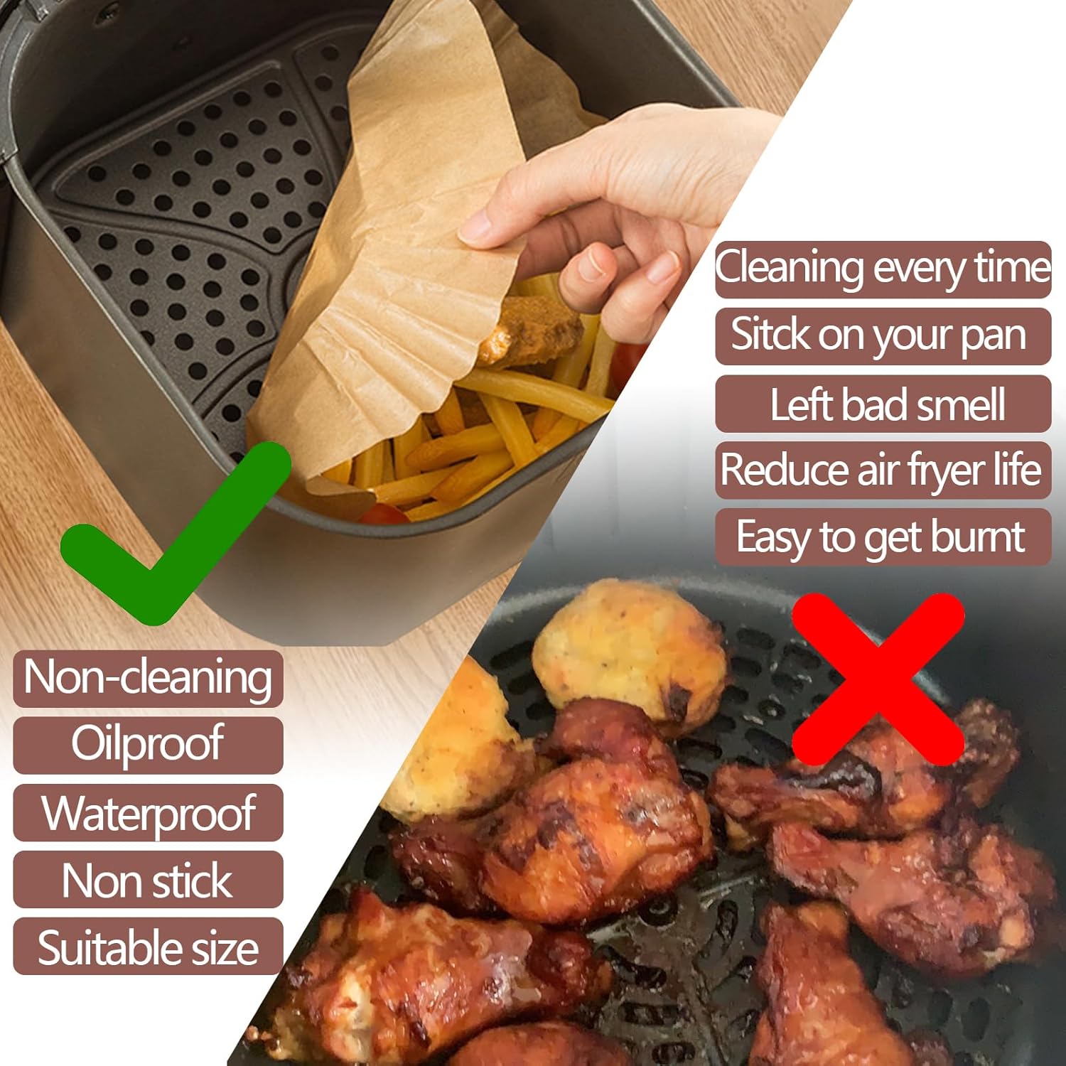 UBeesize XL 10 Inch Air Fryer Paper Liners - 100 PCS Non-Stick Parchment Paper | Square, Bleach-Free