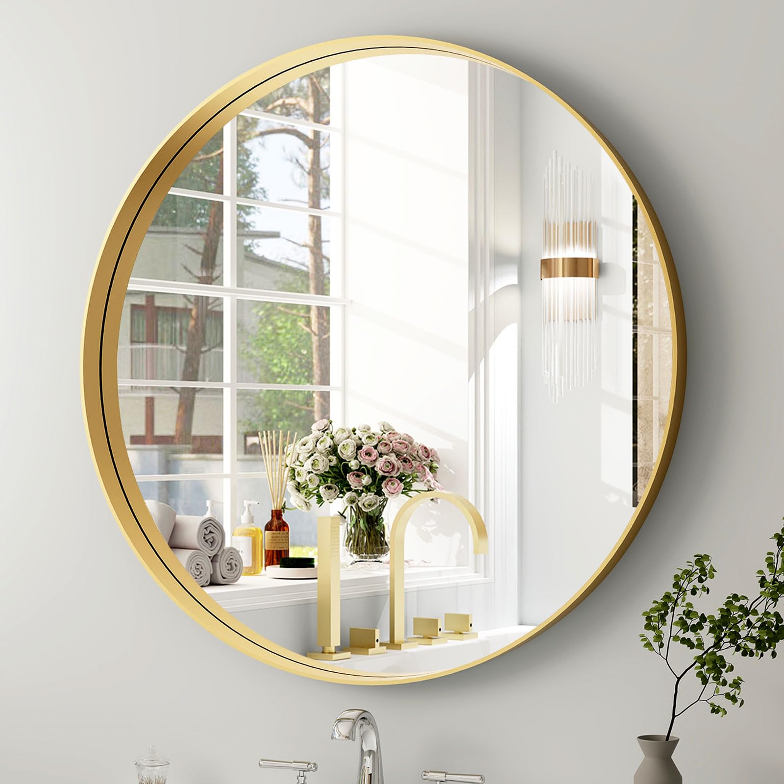 30 Inch Round Bathroom Mirror - Wall Mounted Circle Mirror with Metal Frame, Modern Mirror Suitable for Bathroom, Vanity, Entryway, Living Room, Wall Decor,Gold