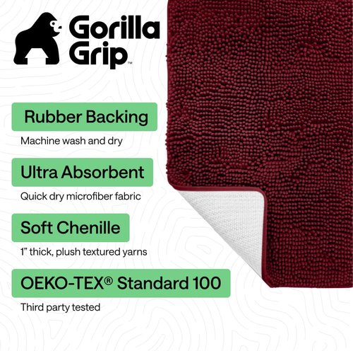 GORILLA GRIP Bath Rug Mat - Soft Absorbent Chenille | Quick Dry Microfiber, 48x17, Burgundy