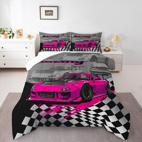 Pink Race Car Kids Comforter Set Twin Size,Racing Flag Black White Checkered Bedding Set,Boys Girls Adults Room Decor,Extreme Sports Games Down Comforter,Modern Fashion Duvet Insert,1 Pillowcase