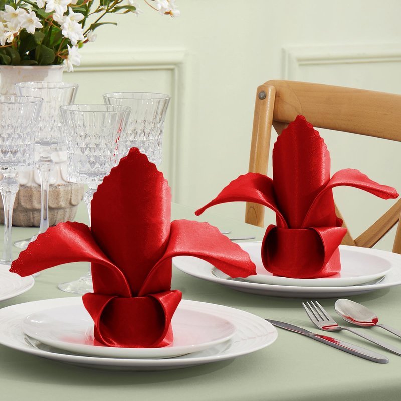 VACVELT 24 Pack Red Satin Napkins, 17x17 Inch Scalloped Elegant Dinner Napkins for Wedding, Restaurant, Banquet, Graduation Party