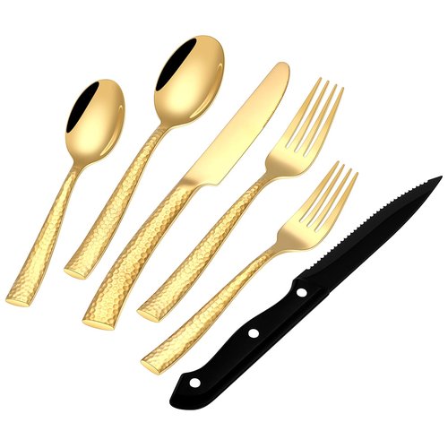 EUIRIO Hammered Gold Silverware Set, 48-Piece Stainless Steel Flatware Set for 8, Shiny Gold Utensils Cutlery for Home Hotel, Forks, Spoons and Knives Set, Dishwasher Safe