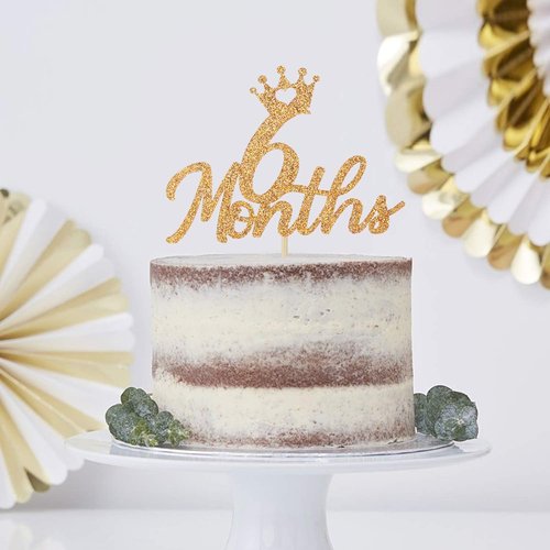 Gold Glittery Cake Topper - Perfect for Baby's 6-Month Birthday Celebration | Half Year Anniversary Decor