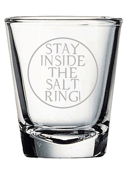 SPN Supernatural Shot Glass Set of Four: Supernatural Gifts Set Saving People Hunting Things, Stay Inside The Salt Ring, Dean's Baby, Anti-Possession Shot Glasses for Supernatura Fan, ENGRAVED 1.5oz.