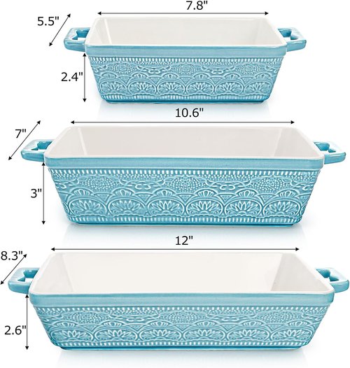 Hacaroa Ceramic Baking Dishes Set - Elegant Rectangular Bakeware with Handles | Lake Blue, 3 Sizes