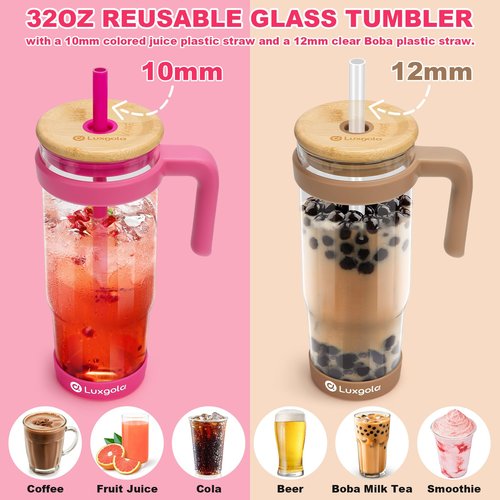 Luxgola 32 oz Glass Tumbler with Handle, Iced Coffee Cup with Bamboo Lid and Straws, Reusable Clear Glass Water Cup With Silicone Bumper - Fits in Car Cup Holder, Dishwasher Safe, BPA Free - Khaki