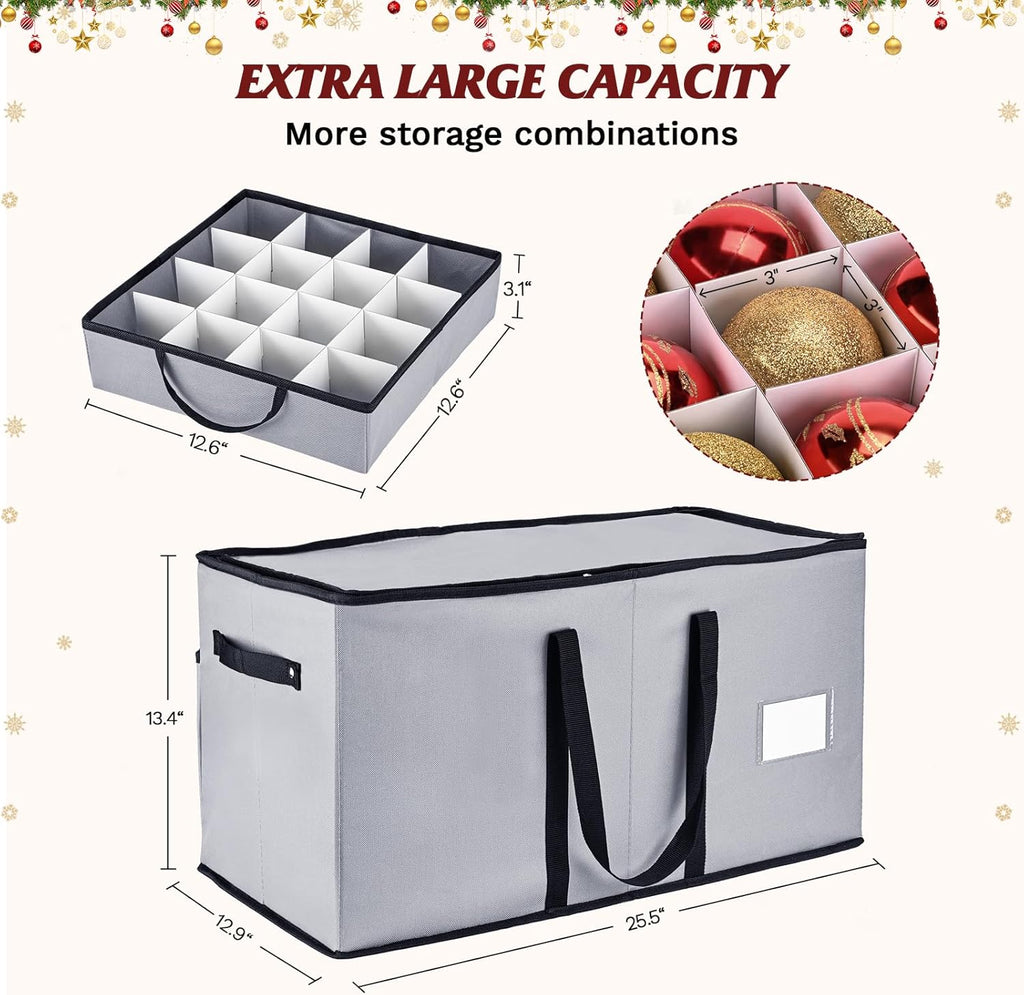 Skiennix Christmas Ornament Storage Box - Organize 128 3-Inch Ornaments | 8 Removable Trays, Grey