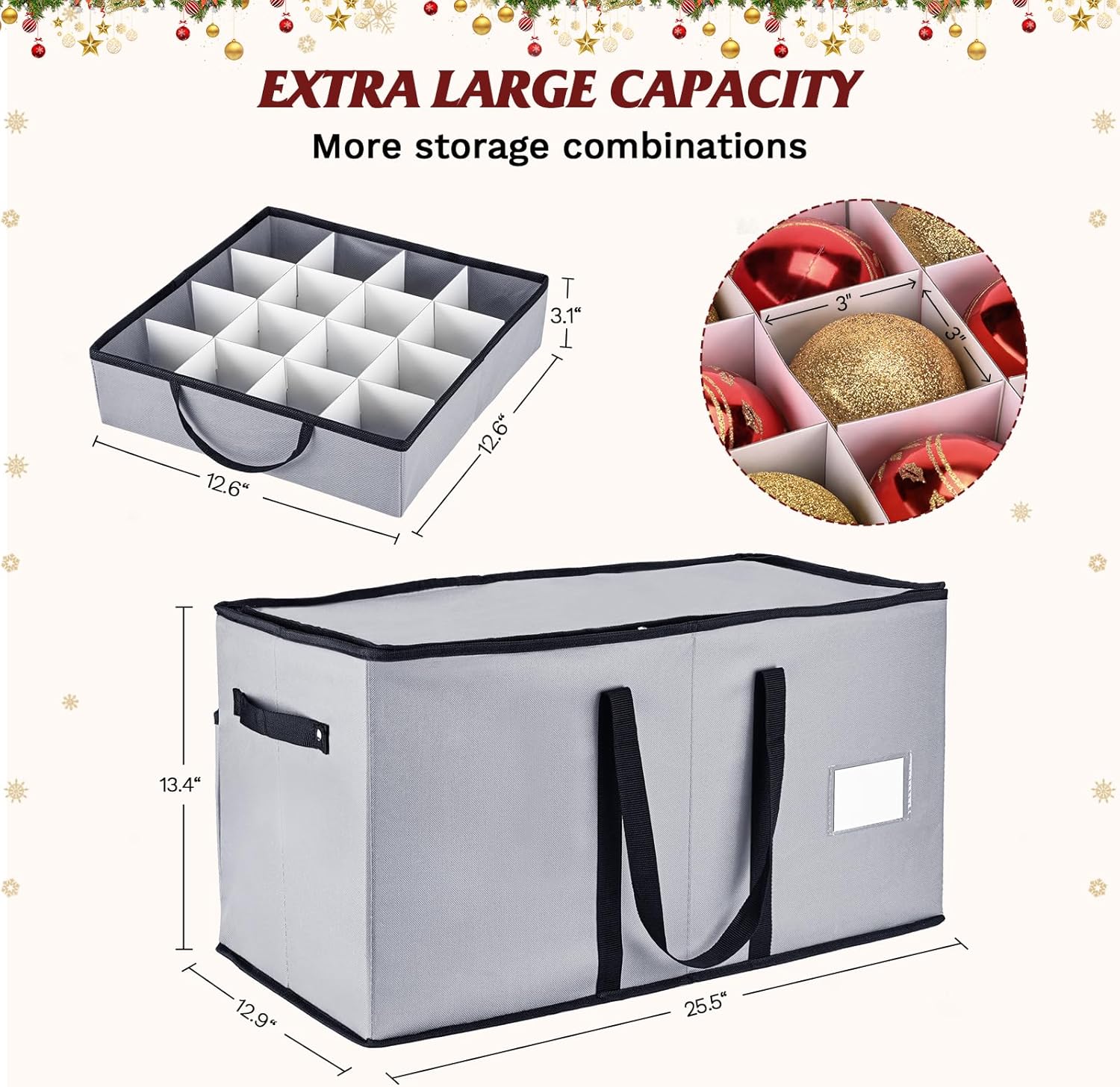 Skiennix Christmas Ornament Storage Box - Organize 128 3-Inch Ornaments | 8 Removable Trays, Grey
