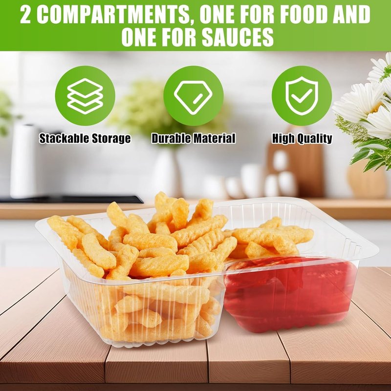 CLRBEATTY 200 PCS Plastic Nacho Trays,6x5 Inch Disposable Nacho Cheese Trays,Clear Nachos Containers,2 Compartments Snack Tray with Chip and Dip Holder for Parties Movie Night Supplies