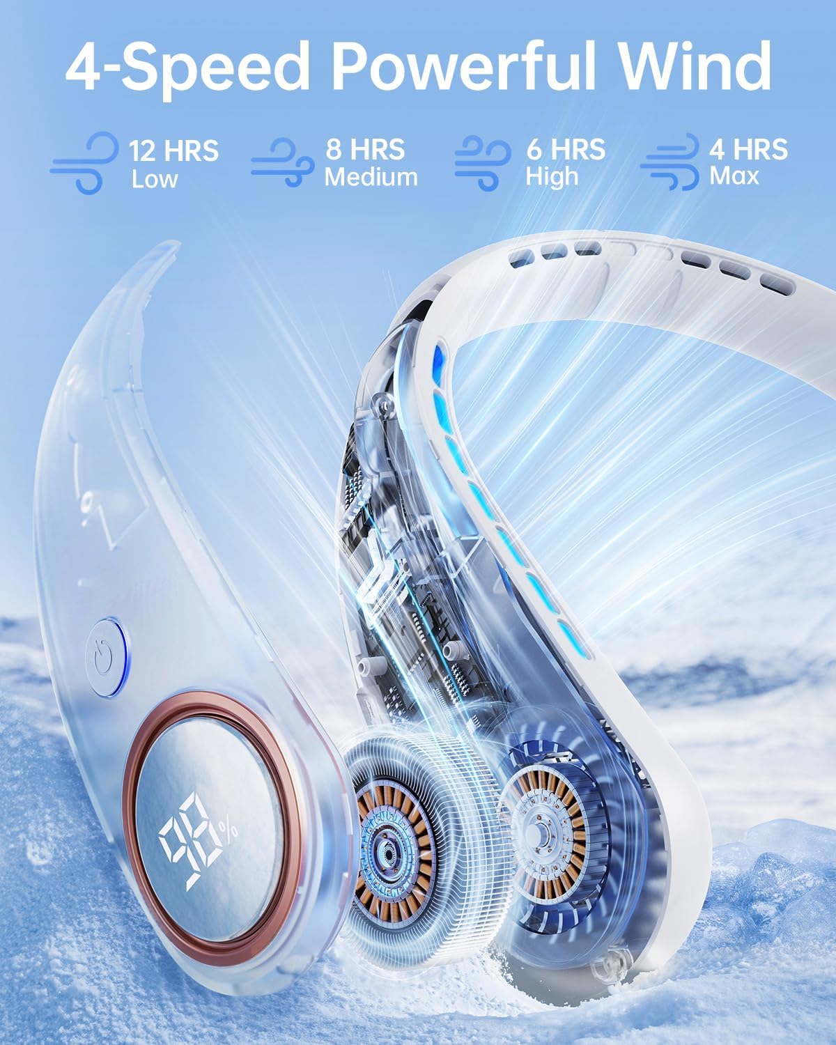 Skiennix Bladeless Neck Fan - Portable USB Rechargeable Cooling Device with LED Display | 4 Speed Settings, 5000mAh Battery (White)