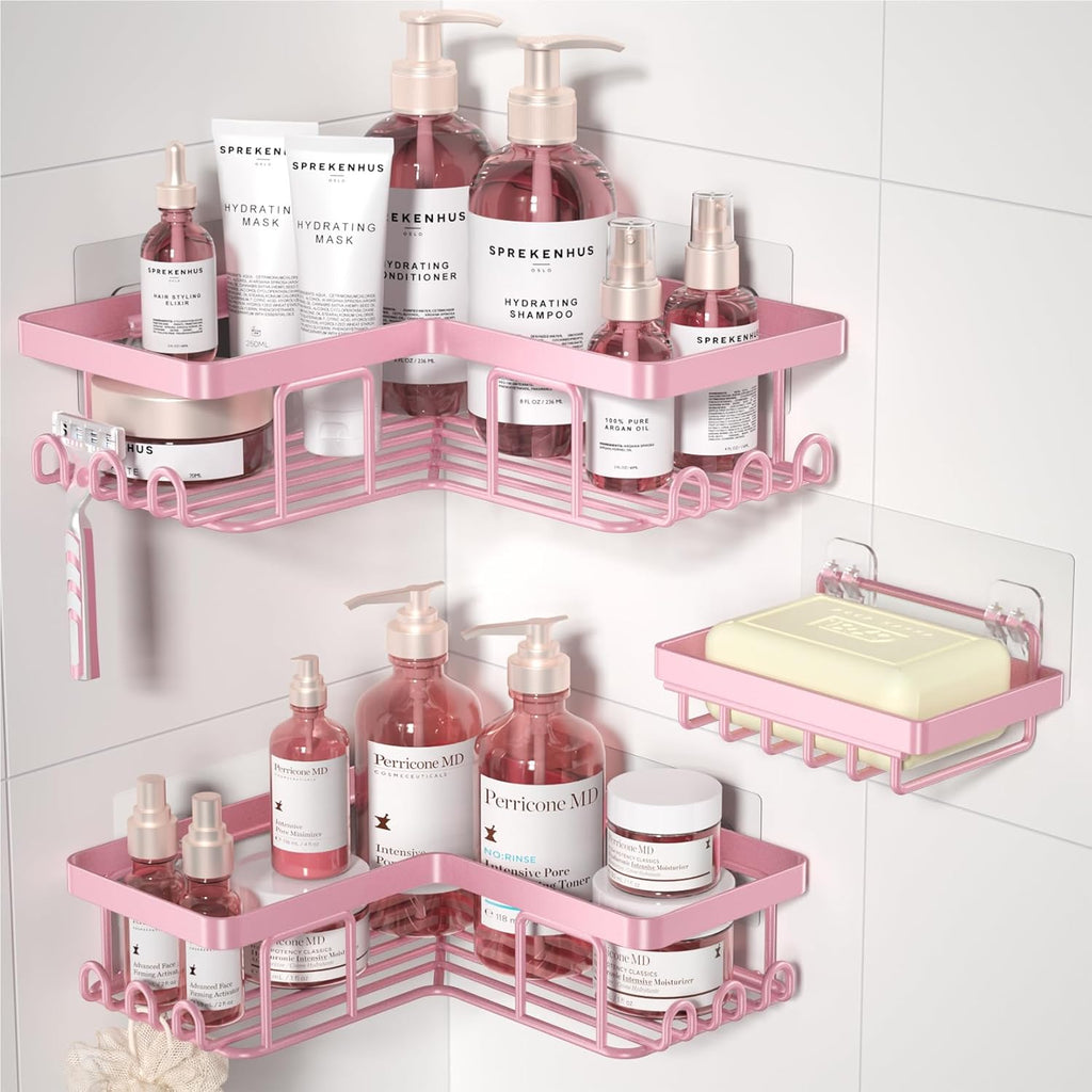 YASONIC Corner Shower Caddy - Rustproof Stainless Steel Organizer with Soap Holder & 12 Hooks | Pink, 3-Pack