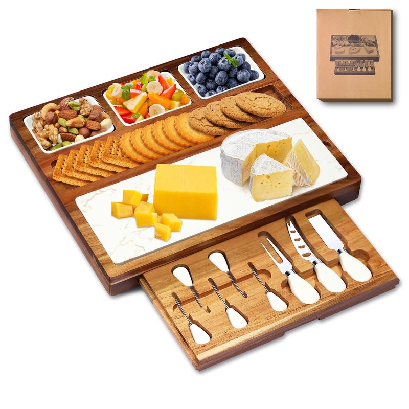 EUMUU Charcuterie Board Set Premium Large Acacia Wood Cheese Platter with Reusable Bowls, Cheese Knives and Forks - Housewarming, Wedding, Bridal Shower, Birthday Gifts