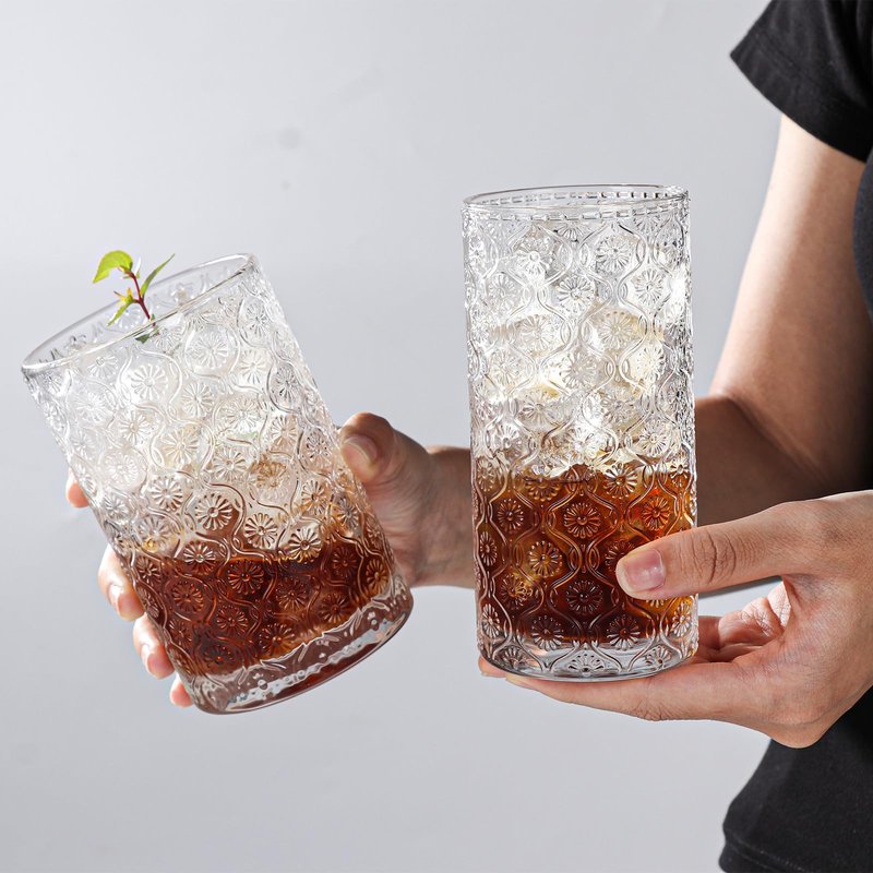 WeirdUncle Set of 4 Vintage Embossed Glassware,2 Collins Glass cups 12oz & 2 Highball Drinking Glasses 16oz, Clear, Art Deco, for Beer, Water, Cocktail, Juice, Whiskey, Gift