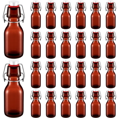 Tessco 24 Pcs Mini Swing Top Glass Bottles with Stoppers Small Flip Top Bottles with Airtight Lids for Crafts Decoration Wedding Themed Party Favors(3.3 oz,Amber)