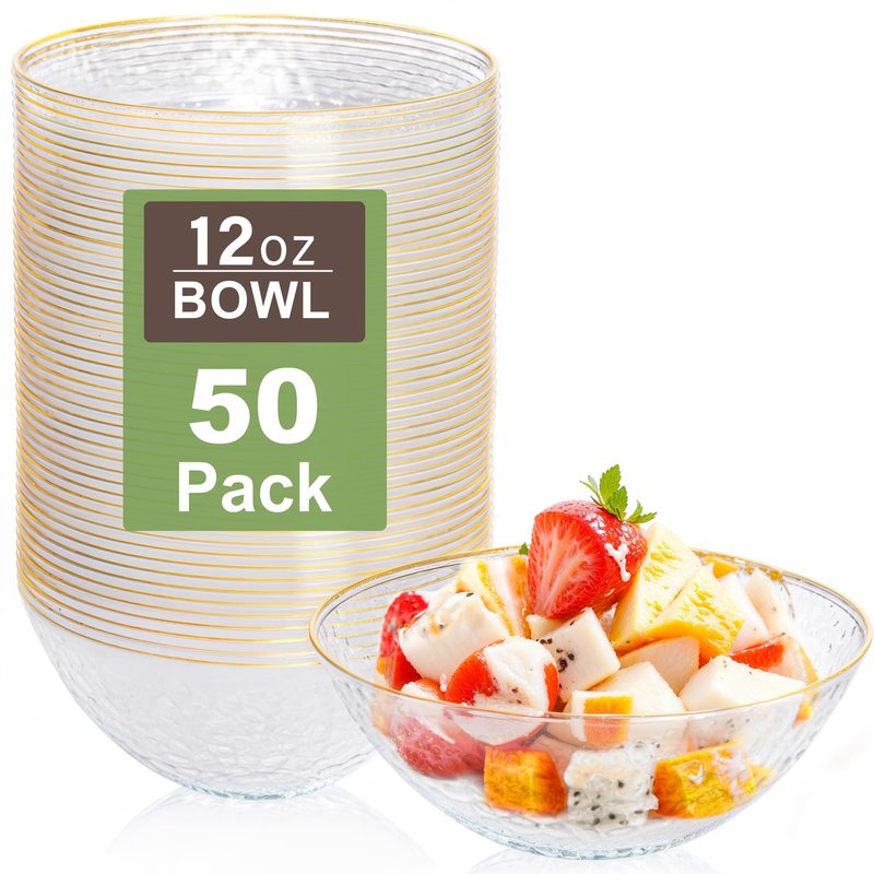 Rubtlamp 50 Pack Clear Disposable Bowls, Clear Plastic Bowls with Gold Rim, 12-16oz Premium Heavy Duty Plastic Hammered soup Bowls for Milk Cereals, Snacks, Salads