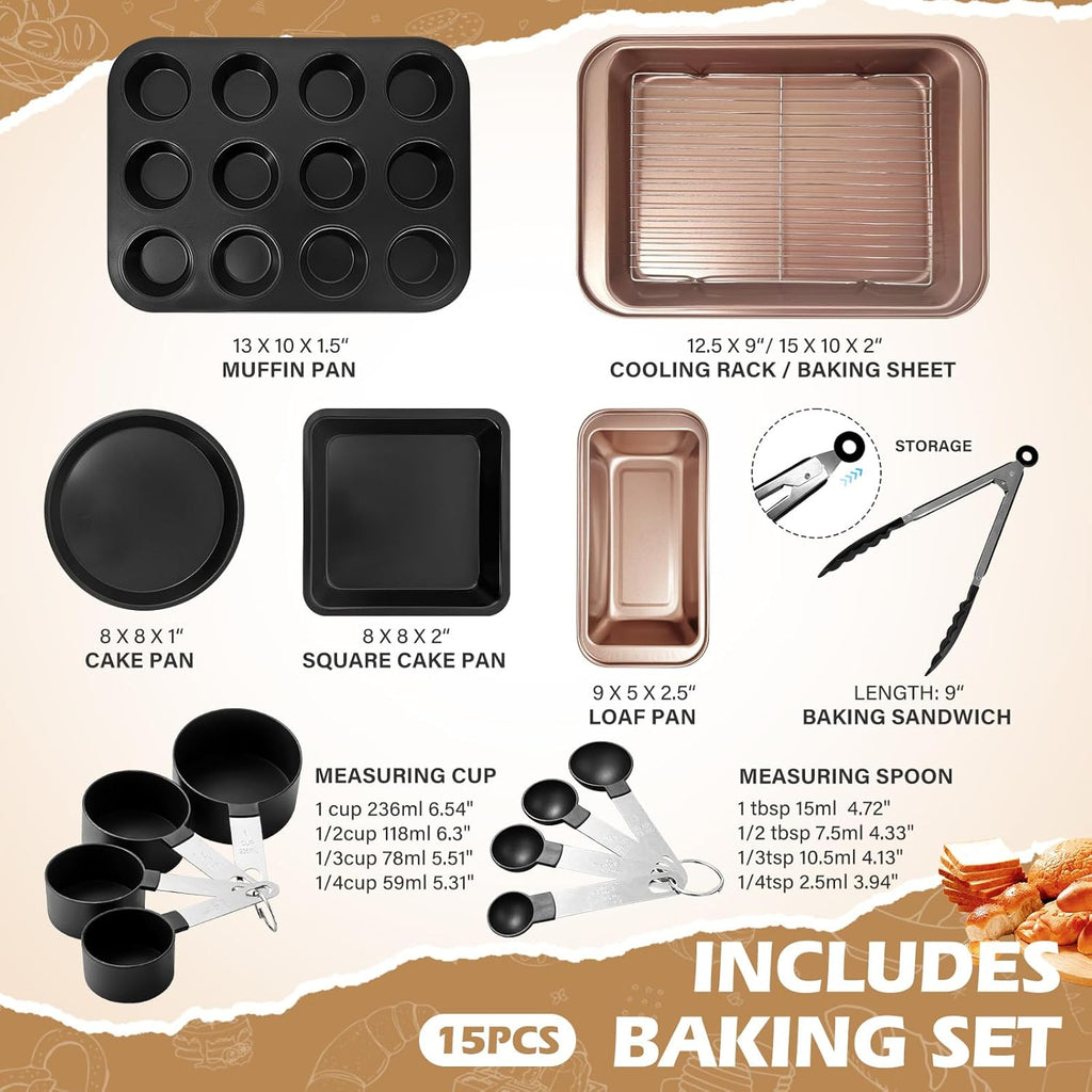 Skiennix Nonstick Bakeware Set - 15-Piece Baking Pan Set with Cooling Rack & Accessories | Oven Safe Metal