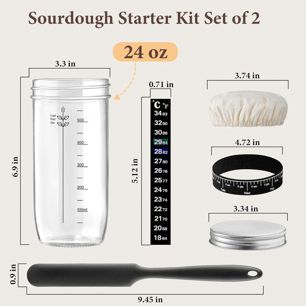 Skiennix Glass Sourdough Starter Jar Set - 24 oz Wide Mouth Kit with Date Marked Band & Thermometer