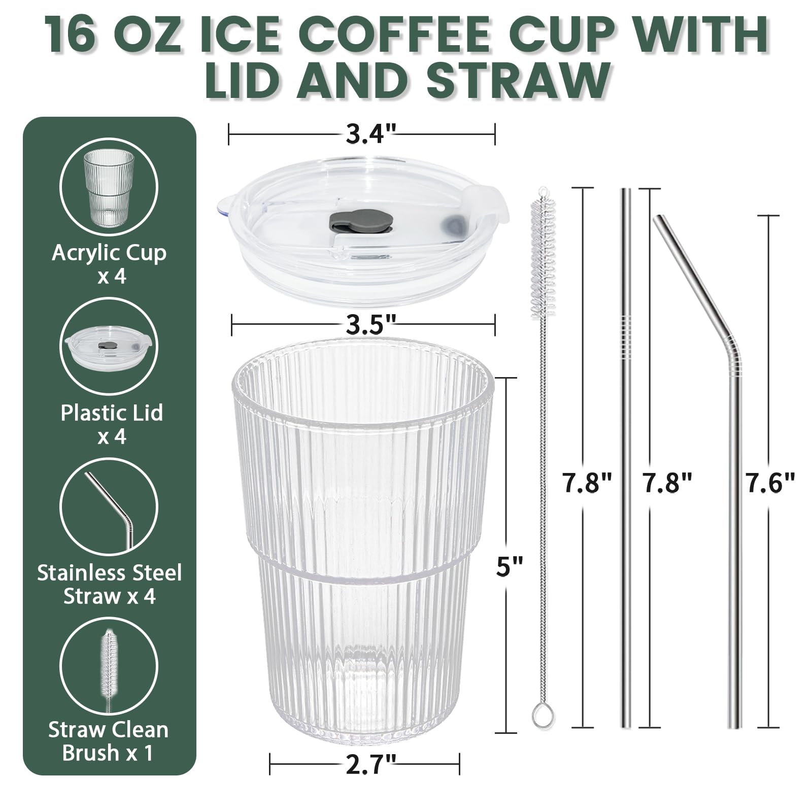 HIGIINC Iced Coffee Cups With Lids and Straws 4 Pcs, 16 OZ Unbreakable Glasses Drinking Set,Clear Plastic Cups Reusable Iced Coffee Tumbler with Lid and Straw, To Go Coffee Cups Dishwasher Safe