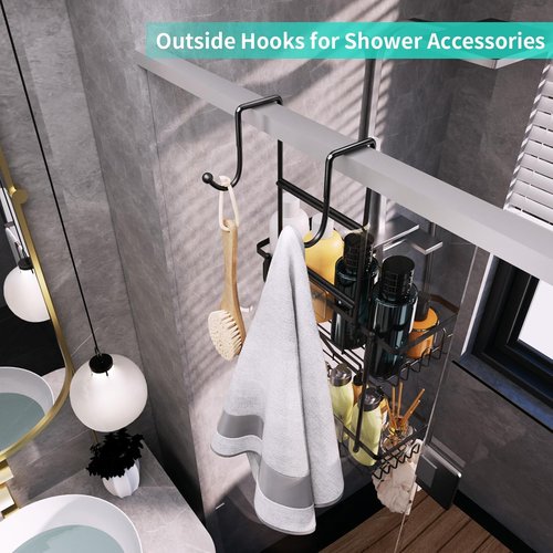 HapiRm Hanging Shower Caddy - No-Drill Over the Door Organizer with Soap Holder & 11 Hooks | Rustproof 304 Stainless Steel - Black