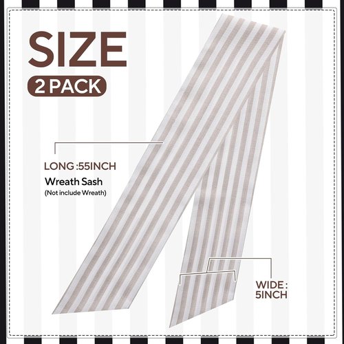 Boxwood Wreath Sash by [Brand Name] - 2 Pack Beige & White Stripe Garland for Front Door Decor
