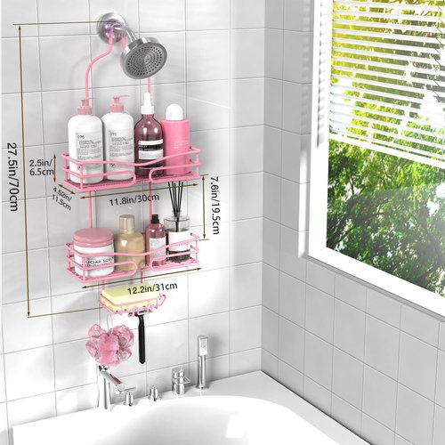 DAOYA 3-Tier Pink Overhead Shower Caddy - Bathroom Organizer with Soap Holder & 6 Hooks