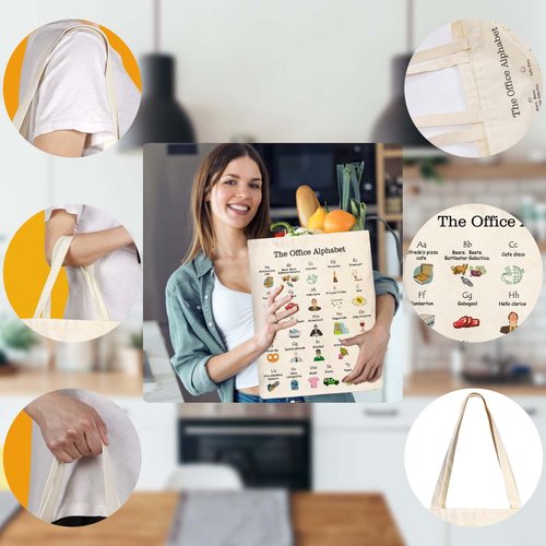 PuGez The Office Alphabet Tote Bag TV Show Merchandise Fans Kitchen Gifts Reusable Grocery Canvas Theme Presents for Office/Women/Sister, Shoulder/Travel/Work, White