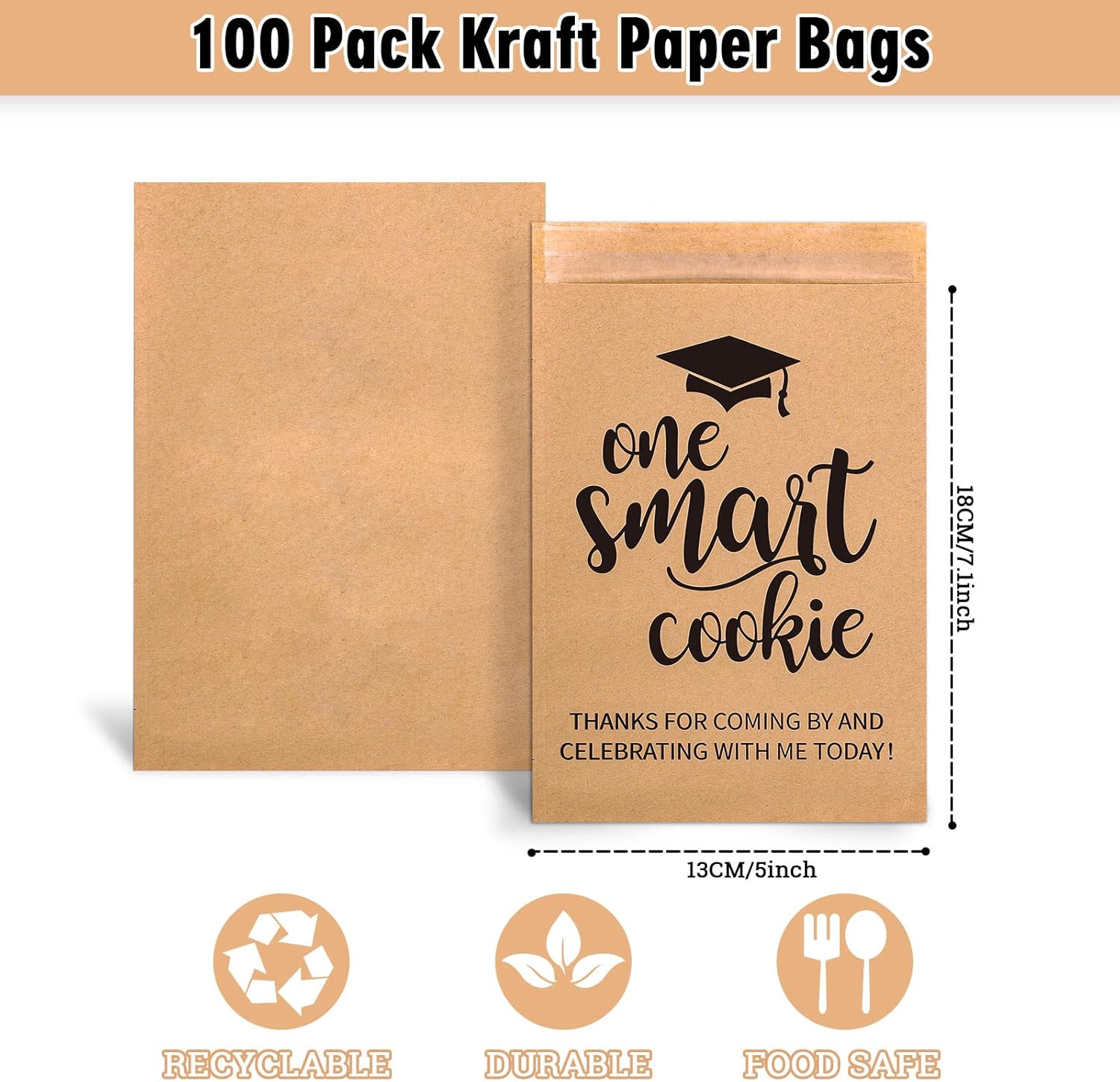 Whaline Graduation Candy Gift Bags - 100 Pack Self-Adhesive Kraft Paper Treat Bags for 2026 Party