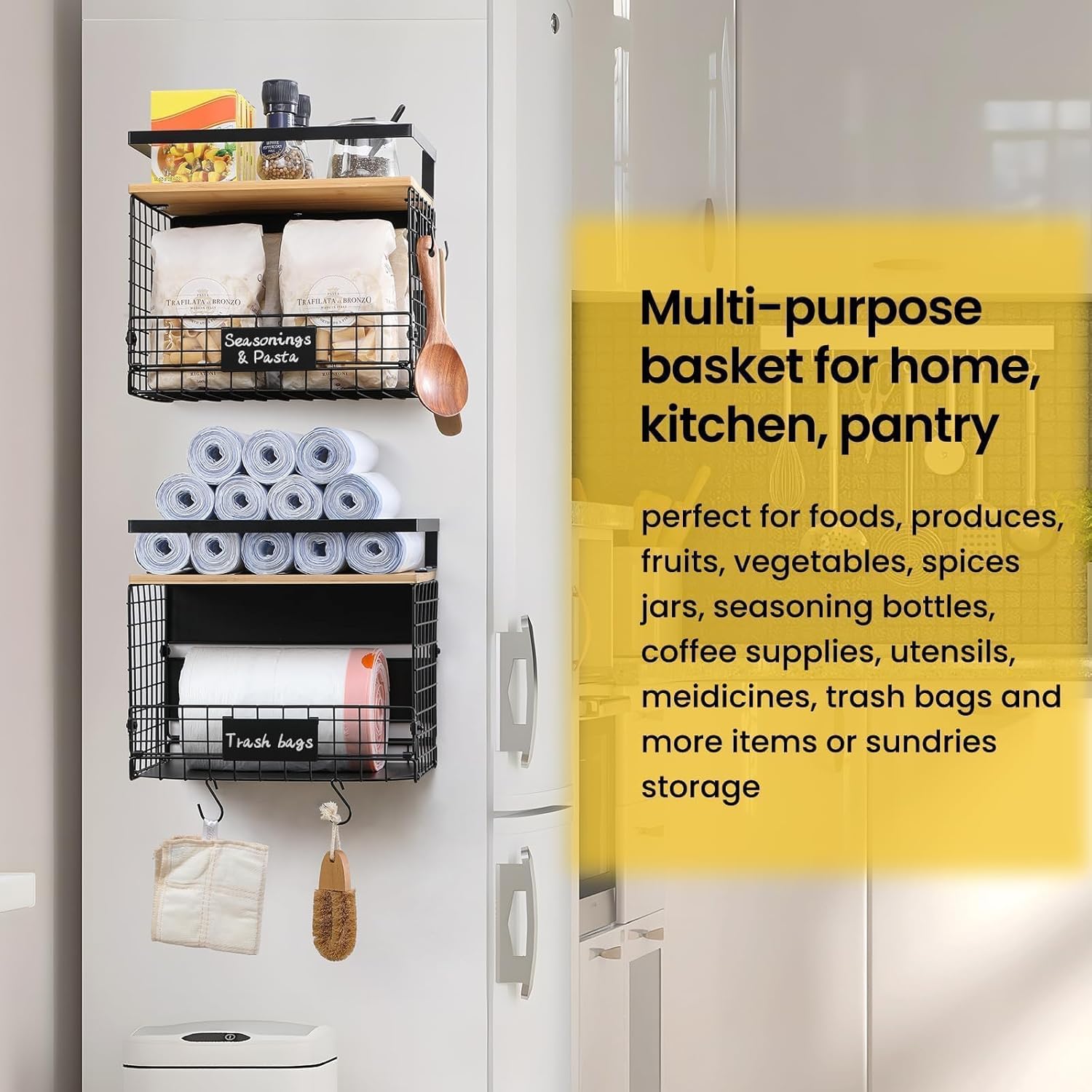 WIDER SHELF Magnetic Spice Rack - XXL Large Fridge Shelf Basket with Bamboo Top & Tag | Kitchen Organizer
