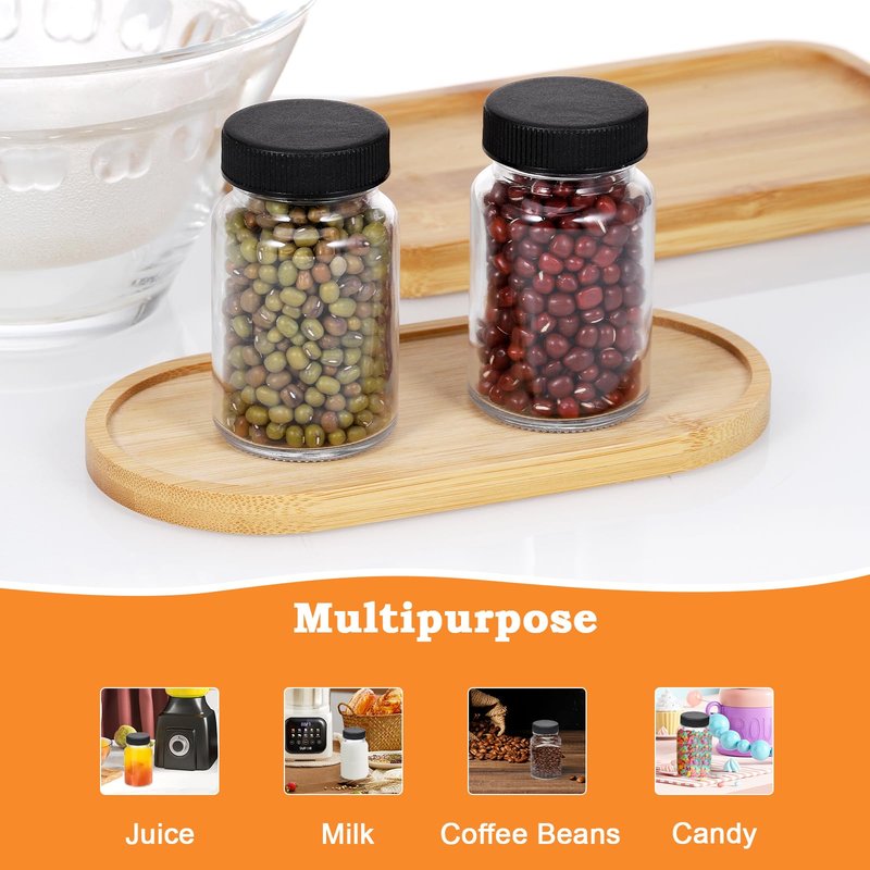 10 Pcs Glass Shot Bottles with Caps, 2oz Ginger Shots Bottles, Reusable Thick Mini Juice Shot Bottle with Label, Small Bottle, Wide Mouth Small Glass Jars with Lids for Oil Sauce (Black Lid)