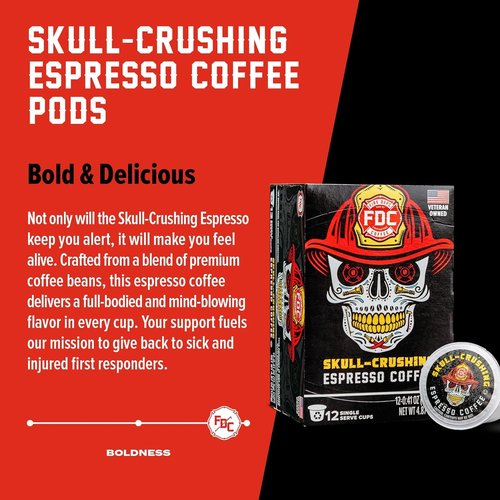 Fire Department Coffee - Gives Back to Firefighters - Skull Crushing Espresso Coffee Pods - Full-Bodied & Bold Espresso K Cups - Roasted in the USA - Veteran Owned - 24 Single Pods