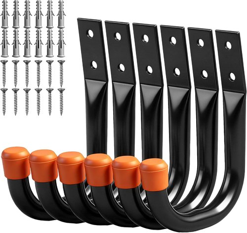 HORUSDY Heavy Duty Metal Wall Hooks - 6-Pack for Garage Storage & Organization | Black J Hooks for Tools, Ladders & More