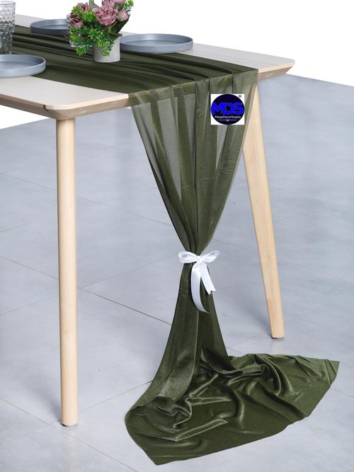 MDS 1 Pack 14ft Chiffon Table Runner 29 x170 Inches Sheer Wedding Runner Romantic Rustic Table Runner for Wedding Decorations, Birthday Parties, Bridal Shower Party Arch Decor - Olive Green