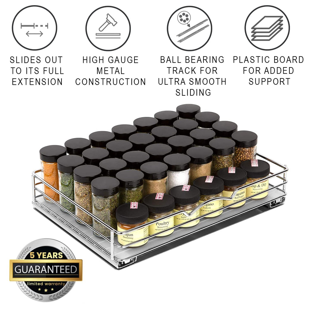 Pull-Out Cabinet Spice Rack Organizer - Slim Slide-Out Storage for Spices, Bottles & Jars, Premium Heavy-Duty Steel, Easy Install for Narrow Kitchen Cabinets - 14 ⅜ W x 10 ⅜ D x 2 ¾ H, Chrome
