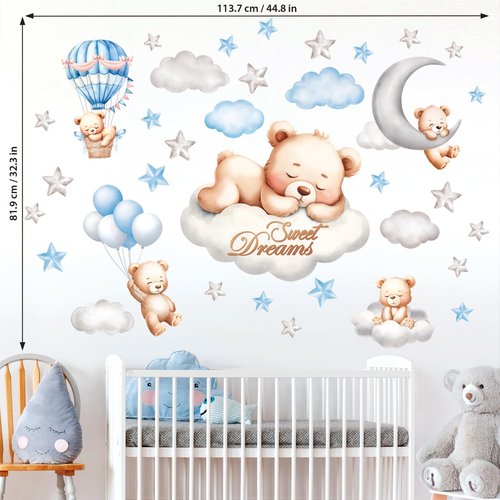 DECOWALL SG2-2407 Sweet Dream Bear Wall Stickers Decals Baby Room Décor Nursery Boy Wallpaper Decorations Home Blue Moon Stars Teddy Peel and Stick Bedroom Playroom Sleeping Cloud