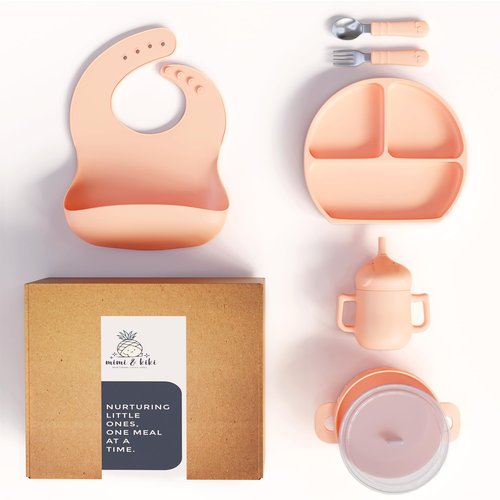 mimi & kiki BPA-Free Silicone Baby Feeding Set, Baby Plates and Bowls Set, Baby Led Weaning Supplies, Silicone Suction Plate, Baby Utensils, Bib and Cup, Self Feeding, Dishwasher Safe (Light Pink)