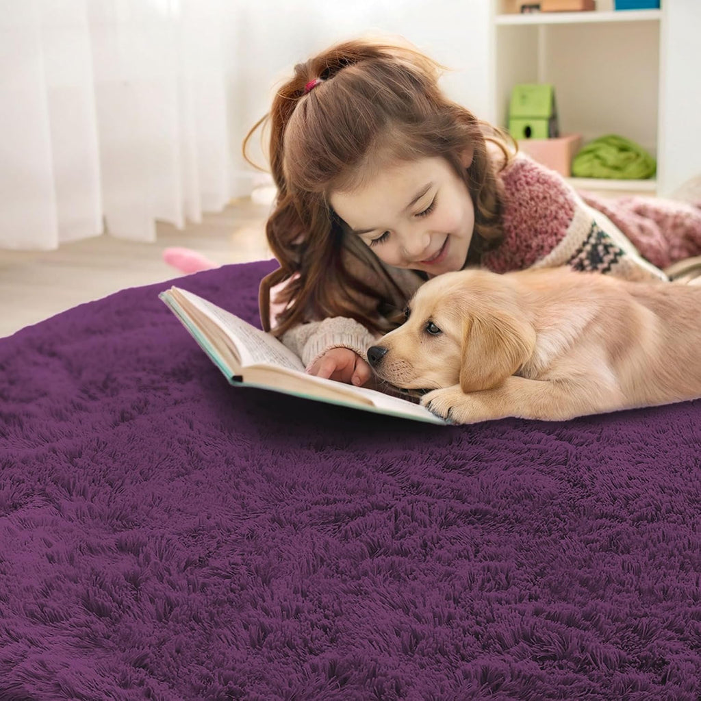 OLANLY Dark Purple Round Rug - Soft, Fluffy Shaggy Carpet | 8 ft Machine Washable Area Rug for Bedroom & Living Room Decor