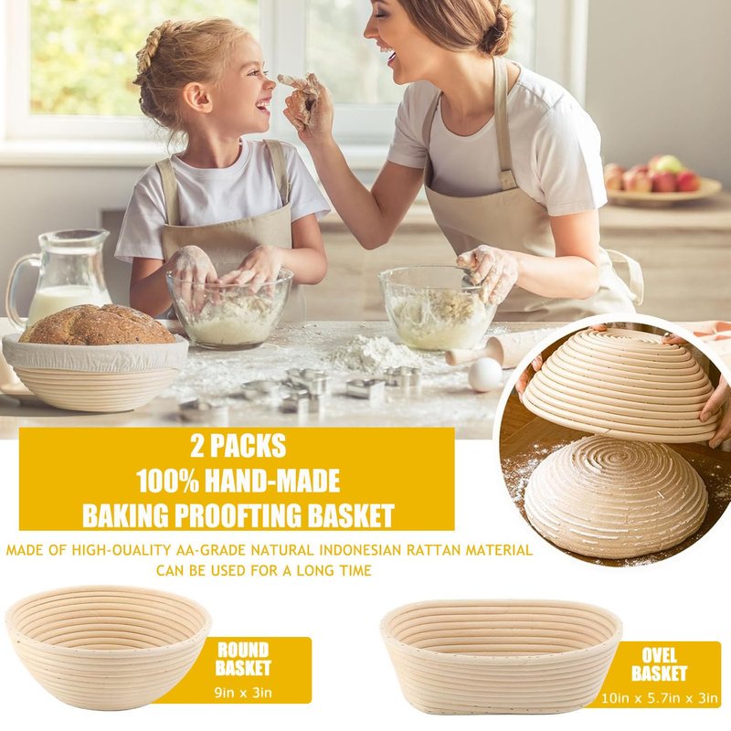 Banneton Proofing Basket Set, 9" Round and 10" Oval Sourdough Bread Baking Supplies, Sourdough Baskets with Bread Lame, Danish Whish, Bowl Scraper, Sourdough Scraper, Complete Sourdough Starter Kit