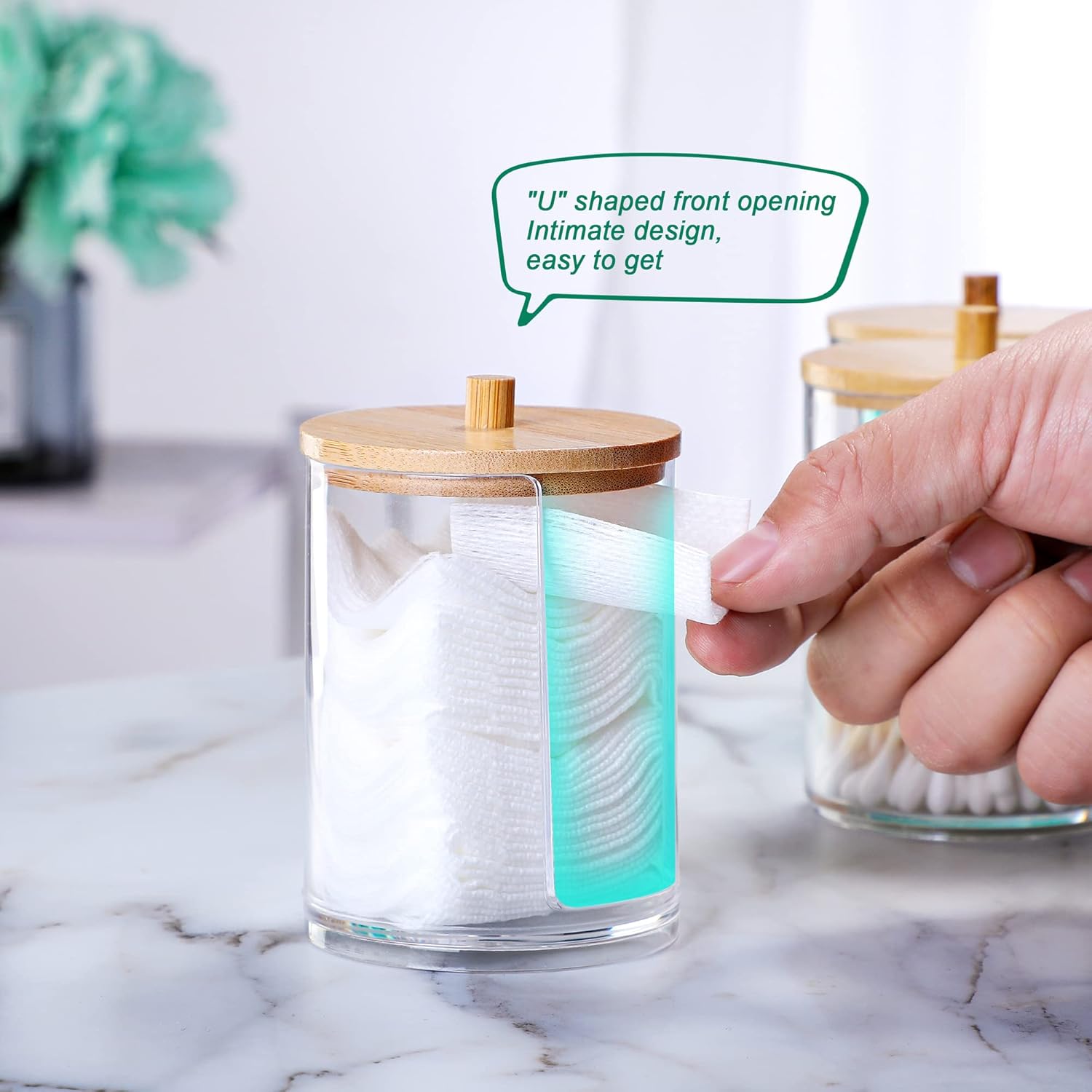 Skiennix Qtip Holder Set - 3 Pcs Clear Acrylic Containers with Bamboo Lid for Cotton Swabs & Pads | Bathroom Organizer