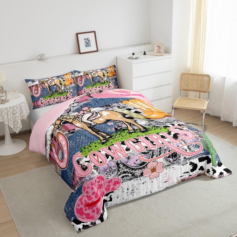 Western Cowgirls Bedding Set Twin Size,Kids Pink Leopard Checkered Comforter Set for Girls Woman Boys Room Decor American Southwest Rustic Quilt Set Pink Graffiti Duvet Insert,1 Pillowcase