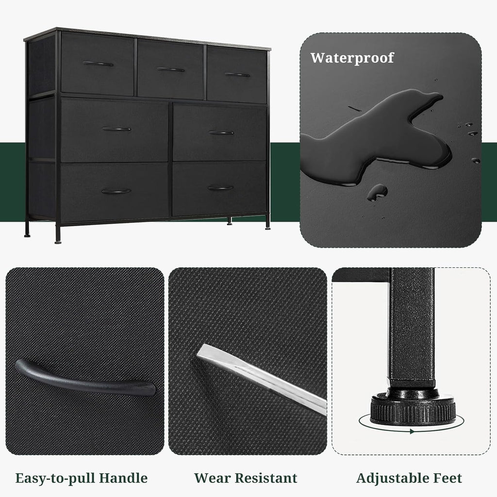 Skiennix 7-Drawer Dresser - Anti-Tip Fabric Storage Organizer with Wooden Top | Black, Versatile for Bedroom & Living Room