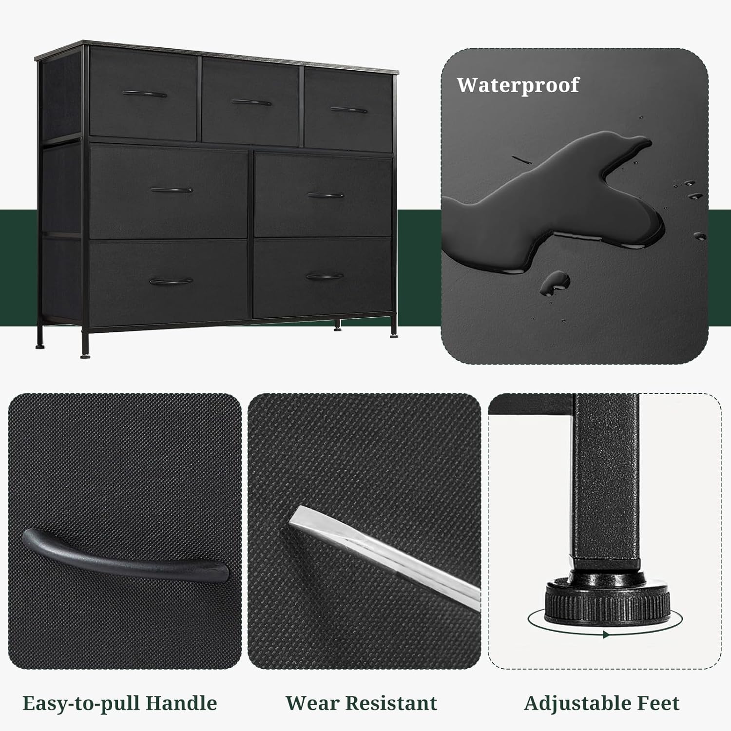Skiennix 7-Drawer Dresser - Anti-Tip Fabric Storage Organizer with Wooden Top | Black, Versatile for Bedroom & Living Room