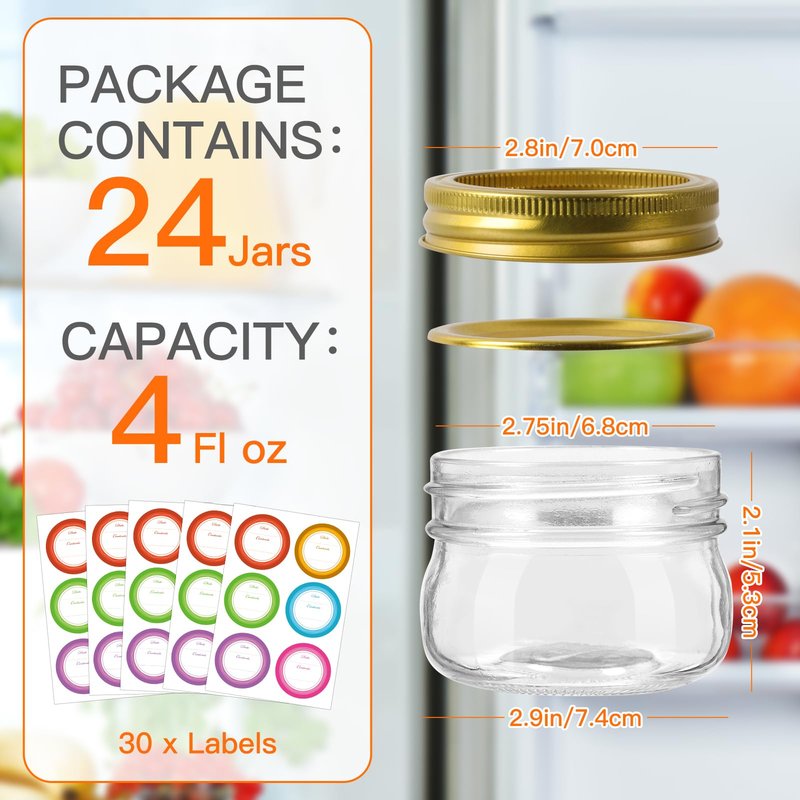 Mcupper 4 oz Mason Jars With Gold Lids and Bands, 24 Pack Regular Mouth Canning Jars for Jam, Honey, Yogurt, Candy, Spices, Snacks, DIY Projects, Wedding Favors- Includes 30 Stickers